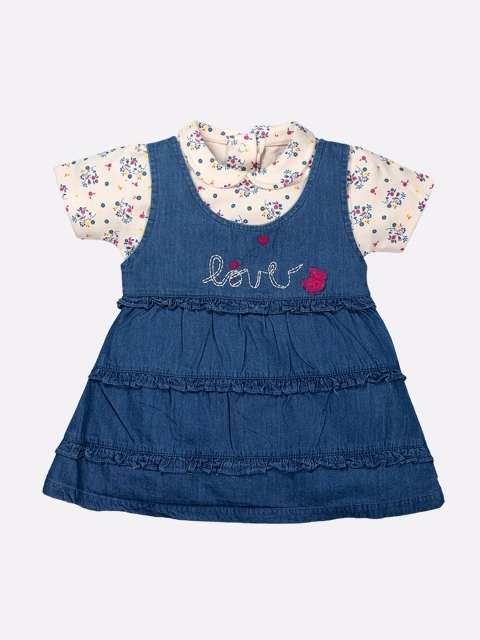 

BABY GO Blue & Off White Pure Cotton Pinafore Mini Dress With T-Shirt
