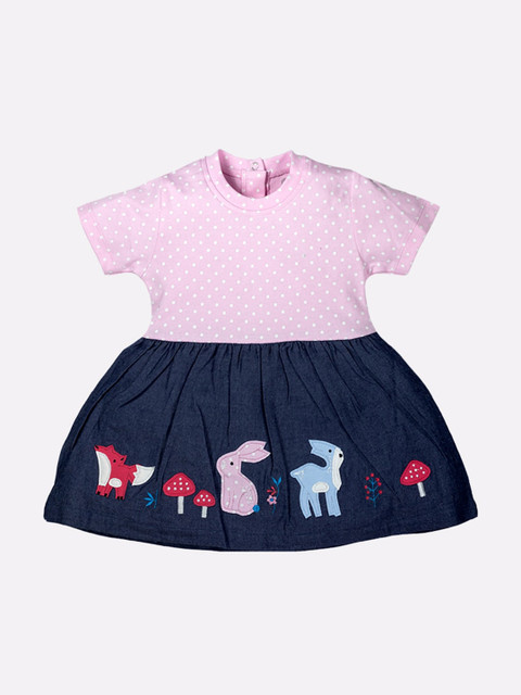 

BABY GO Girls Pink & Navy Blue Polka Dots Printed Applique Dress