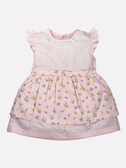 

BABY GO Girls Peach-Coloured Floral Printed Fit & Flare Cotton Dress