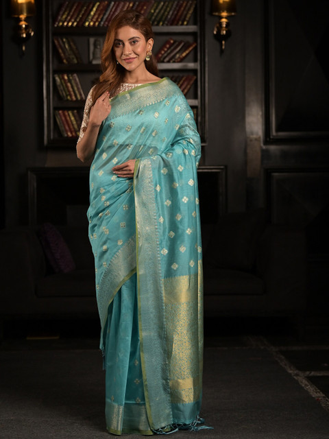 

Exclusiva Blue & Golden Floral Zari Silk Blend Saree