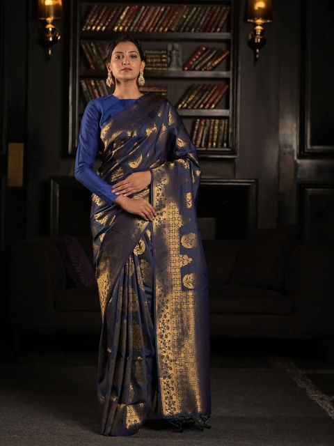 

Exclusiva Blue & Gold-Toned Woven Design Zari Silk Blend Saree
