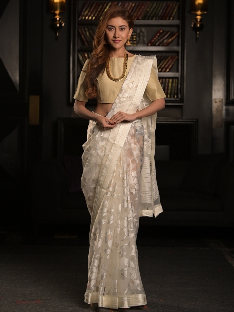 

Exclusiva Off White & Gold-Toned Floral Brasso Silk Saree