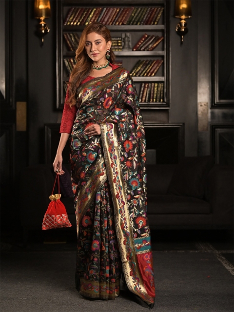 

Exclusiva Cream-Coloured & Red Floral Zari Silk Blend Saree