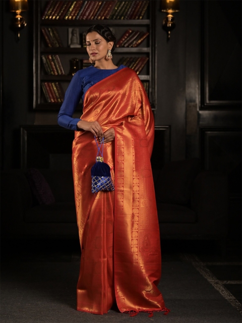 

Exclusiva Red & Gold-Toned Ethnic Motifs Silk Blend Banarasi Saree