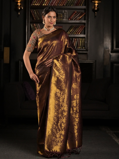 

Exclusiva Brown & Gold-Toned Floral Silk Blend Saree