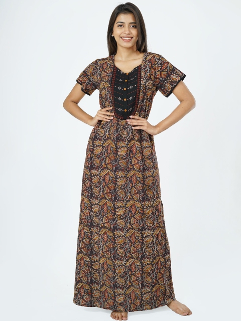 

Maybell Women Black Embroidered Pure Cotton Maxi Nightdress