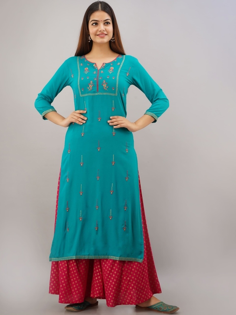 

GULMOHAR JAIPUR Women Sea Green Ethnic Motifs Embroidered Thread Work Kurta