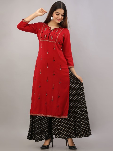 

GULMOHAR JAIPUR Women Red Ethnic Motifs Embroidered Kurta