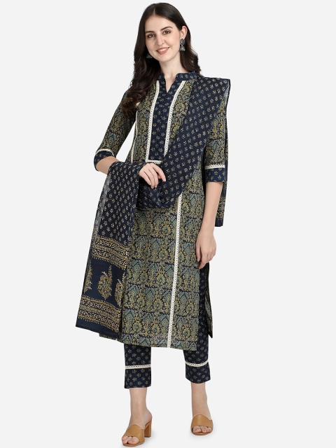 

Sitaram Designer Women Navy Blue Ethnic Motifs Printed Pure Cotton Kurti with Salwar