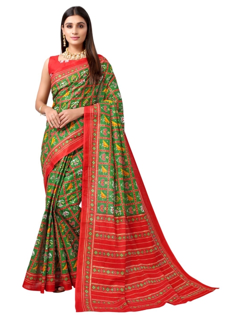 

Satrani Green & Red Ethnic Motifs Patola Saree
