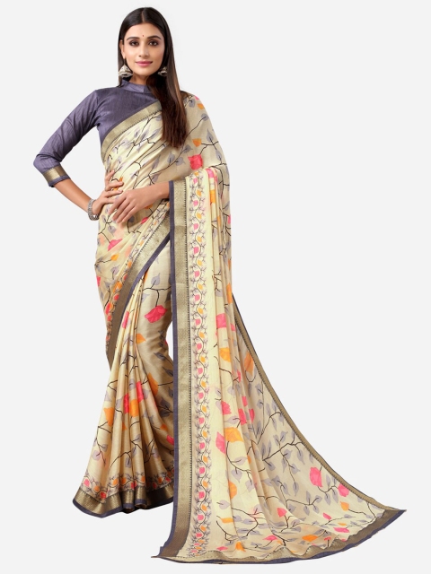 

Satrani Cream-Coloured & Pink Floral Printed Saree