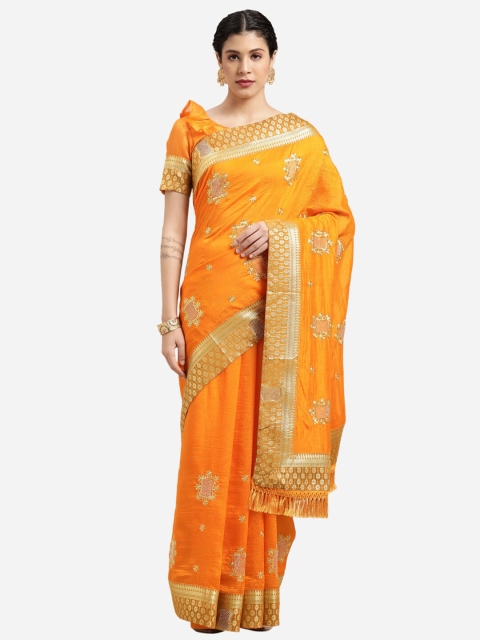 

Satrani Yellow & Gold-Toned Floral Embroiderd Poly Silk Saree