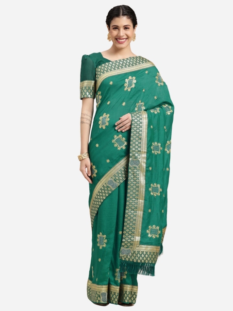 

Satrani Green & Gold-Toned Floral Embroidered Saree