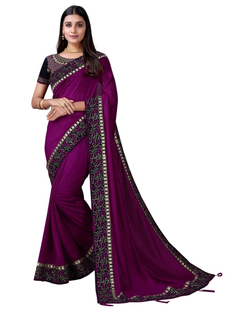 

Satrani Purple & Black Solid Embroidery Border Poly Silk Saree