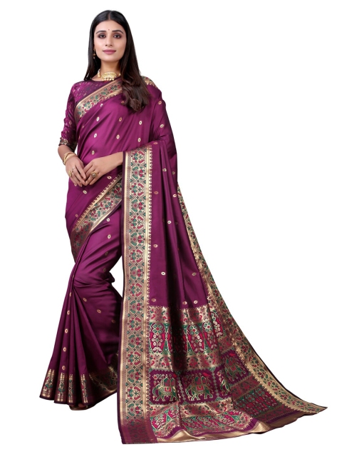 

Satrani Purple & Green Ethnic Motifs Silk Cotton Saree