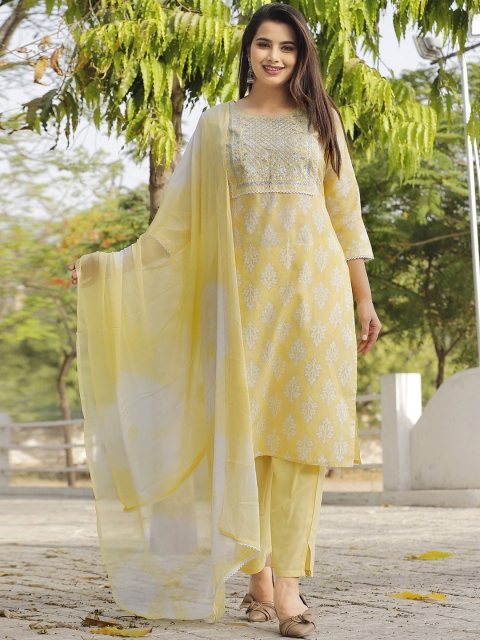 

YAVI Women Yellow Ethnic Motifs Printed Kurta with Salwar & With Dupatta