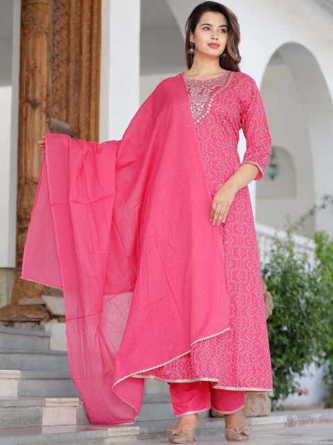 

YAVI Women Pink Ethnic Motifs Printed Panelled Thread Work Kurta with Palazzos & With Dupatta