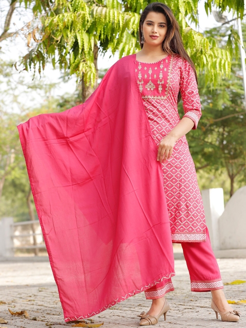 

YAVI Women Peach-Coloured Ethnic Motifs Printed Layered Thread Work Kurta with Trousers & With Dupatta