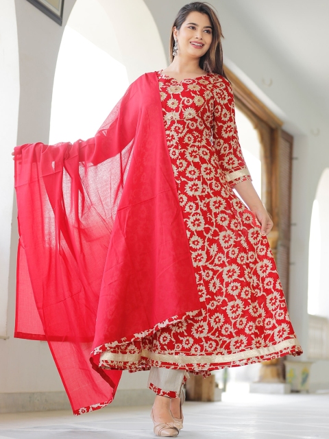 

YAVI Women Red Embroidered Kurta with Palazzos & With Dupatta