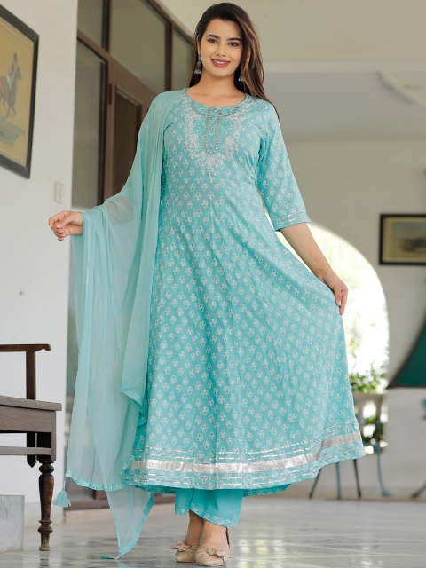 

YAVI Women Blue Ethnic Motifs Embroidered Kurta with Churidar & With Dupatta