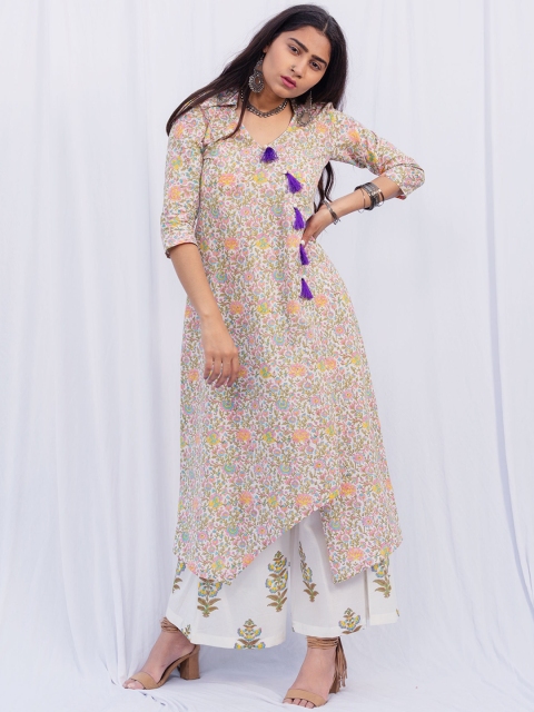 

SHRINKHLA Women Pink Floral Printed Pure Cotton Kurta with Churidar & With Dupatta