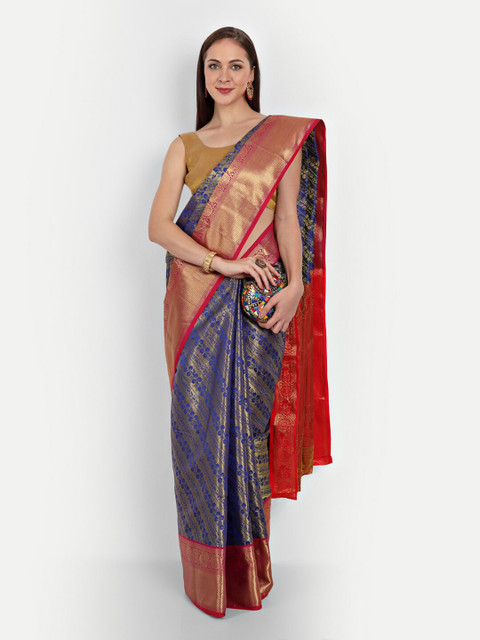 

Royal Rajgharana Saree Blue & Red Floral Zari Silk Blend Kanjeevaram Sarees