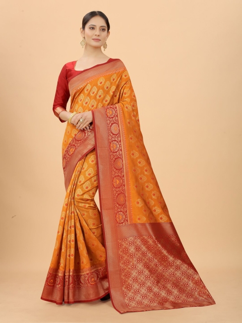 

SATYAM WEAVES Orange & Red Floral Zari Silk Cotton Banarasi Saree