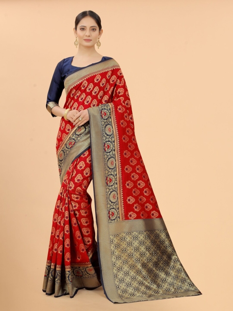 

SATYAM WEAVES Red & Navy Blue Ethnic Motifs Silk Cotton Banarasi Saree