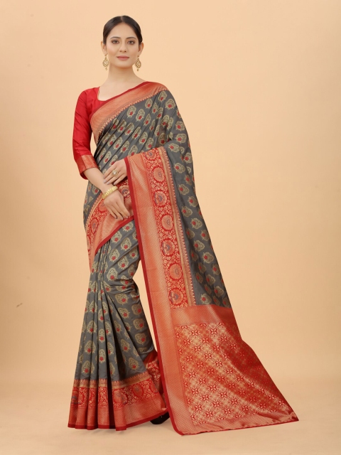 

SATYAM WEAVES Grey & Red Woven Design Silk Cotton Banarasi Saree