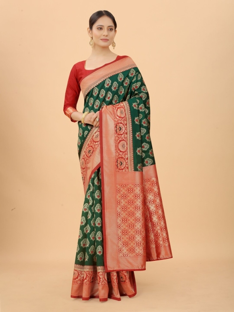 

SATYAM WEAVES Green & Red Ethnic Motifs Silk Cotton Banarasi Saree