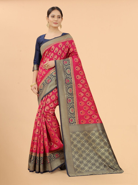 

SATYAM WEAVES Magenta & Navy Blue Woven Design Zari Silk Cotton Banarasi Saree
