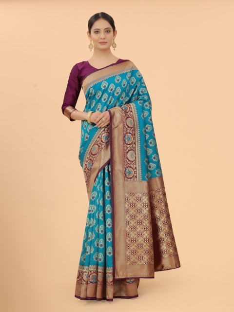 

SATYAM WEAVES Blue & Purple Ethnic Motifs Zari Silk Cotton Banarasi Saree