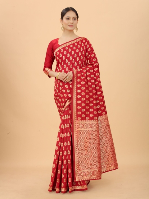 

SATYAM WEAVES Red & Gold-Toned Floral Zari Silk Cotton Banarasi Saree