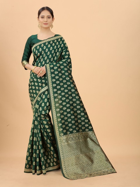 

SATYAM WEAVES Green & Gold-Toned Woven Design Silk Cotton Banarasi Saree