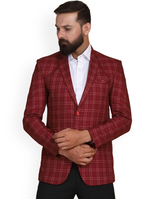 

TAHVO Men Maroon Checked Slim-Fit Single-Breasted Blazers