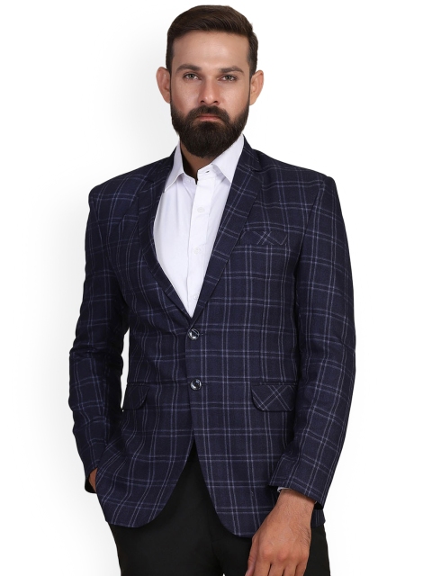 

TAHVO Men Blue Checked Single-Breasted Slim-Fit Party Blazer
