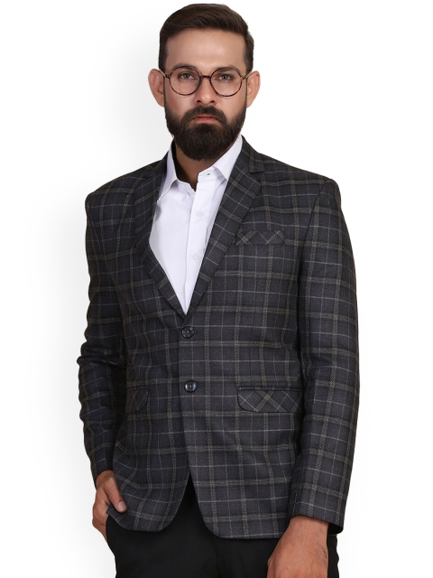 

TAHVO Men Charcoal Grey Checked Slim Fit Single Breasted Blazers