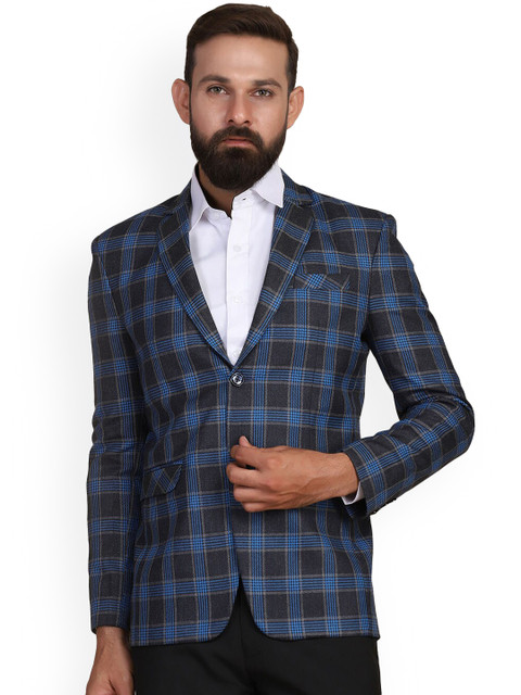 

TAHVO Men Blue Checked Slim-Fit Single Breasted Party Blazers