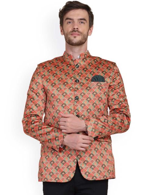 

TAHVO Men Orange & Green Printed Slim-Fit Single-Breasted Blazers