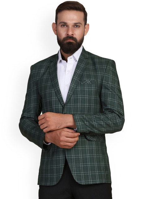

TAHVO Men Green Checked Slim-Fit Single-Breasted Blazers