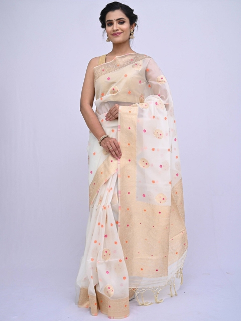 

KAJREE Off White & Pink Floral Chikankari Organza Block Print Saree