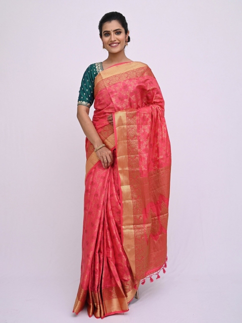 

KAJREE Pink & Gold-Toned Woven Design Zari Silk Blend Khadi Saree