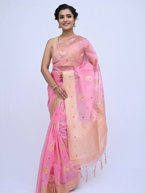 

KAJREE Pink Floral Zari Organza Block Print Saree