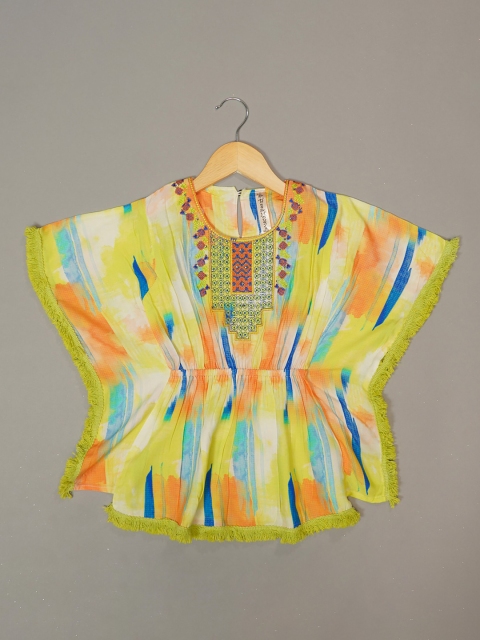 

Mumkins Yellow & Multicoloured Tie & Dye Print Print Round Neck Kaftan Top
