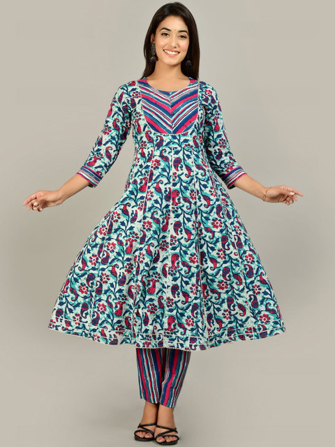 

KALINI Women Blue Ethnic Motifs Printed Panelled Gotta Patti Pure Cotton Kurta with Trousers