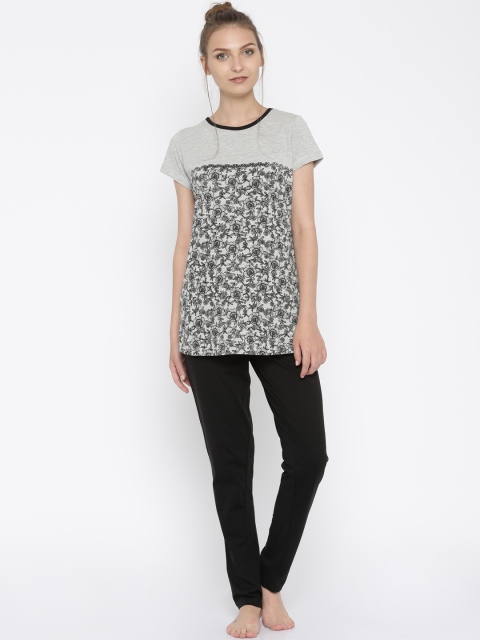 

Sweet Dreams Grey Melange & Black Printed Nightsuit