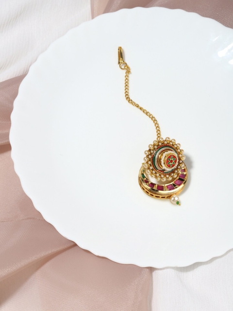 

Ruby Raang Gold-Plated Red & Green Kundan Studded & Beaded Maangtikka