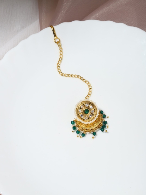 

Ruby Raang Gold-Plated Green Kundan Maang Tikka