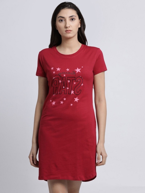 

GOLDSTROMS Women Red Printed Cotton Long T-shirt