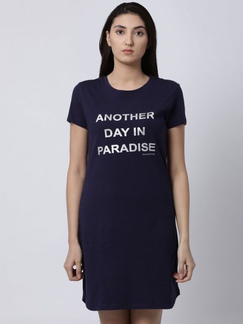 

GOLDSTROMS Women Navy Blue Typography Printed Longline Cotton T-shirt
